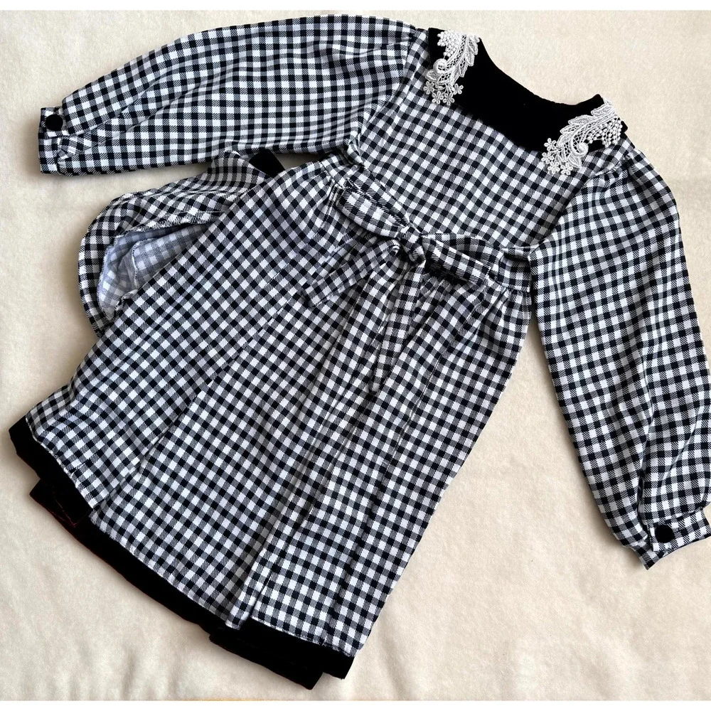 Vintage 90s MiMi Fashion Dress & Hat Set Girl 4T Gingham Check Lace Collar Bow